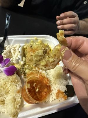 Killah Kine garlic butter shrimp plate with steamed rice
