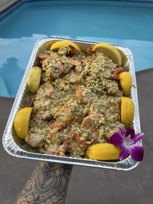 Las Vegas seafood plate from Killah Kine Shrimp food truck